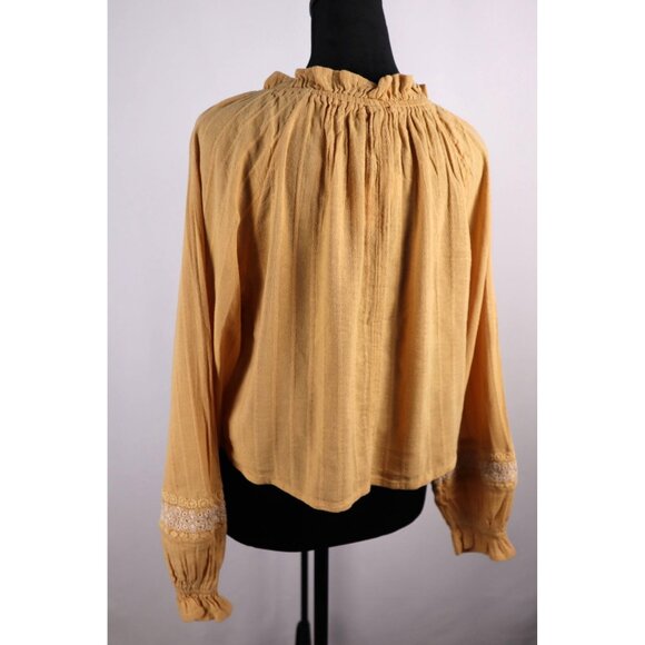 American Eagle Embroidered Mustard Yellow Peasant Blouse With Tassel Tie Neck S - Picture 3 of 12